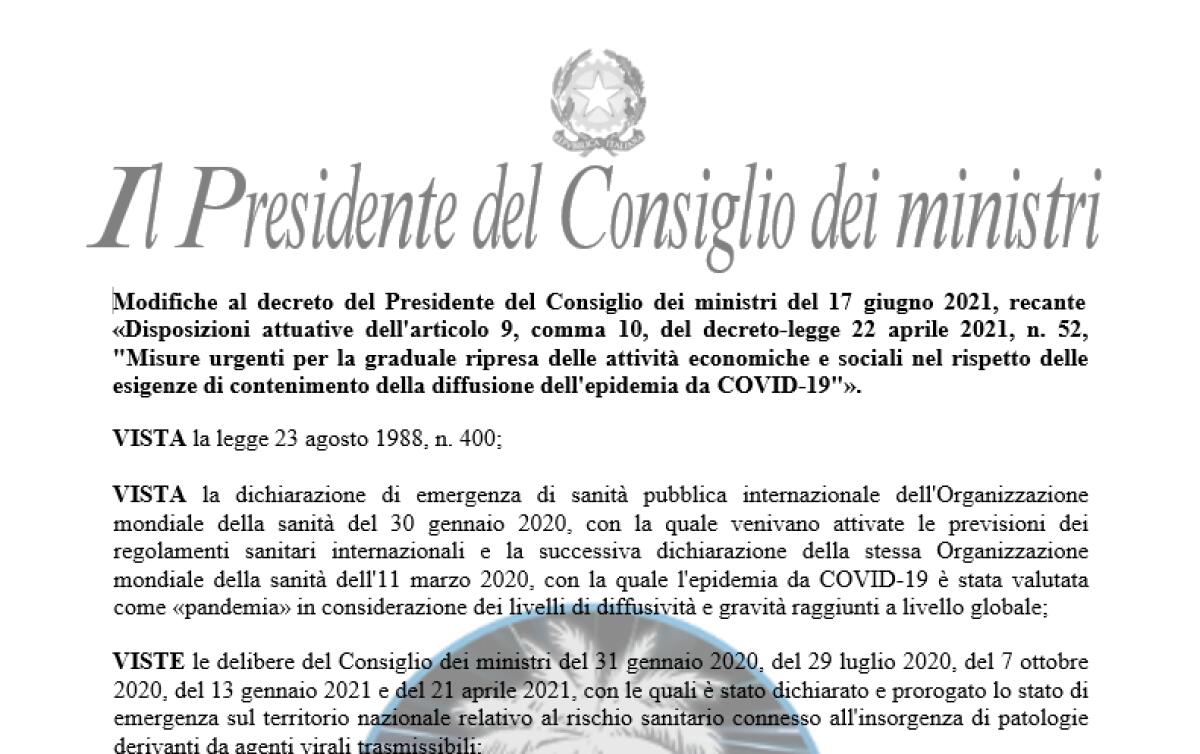 Modifiche al decreto del Presidente del Consiglio dei ministri del 17 giugno 2021, recante - 