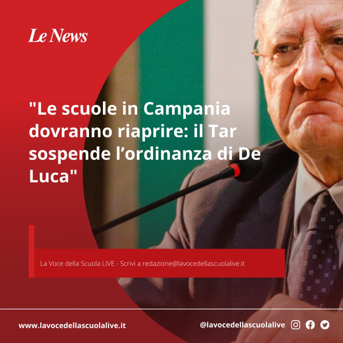 Le scuole in Campania dovranno riaprire: il Tar sospende l’ordinanza di De Luca - 