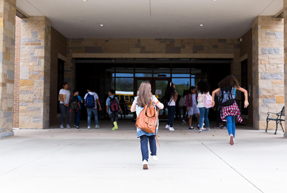 SBC: questa scuola agli studenti non serve - Rear view of elementary schoolgirl walking into the school building