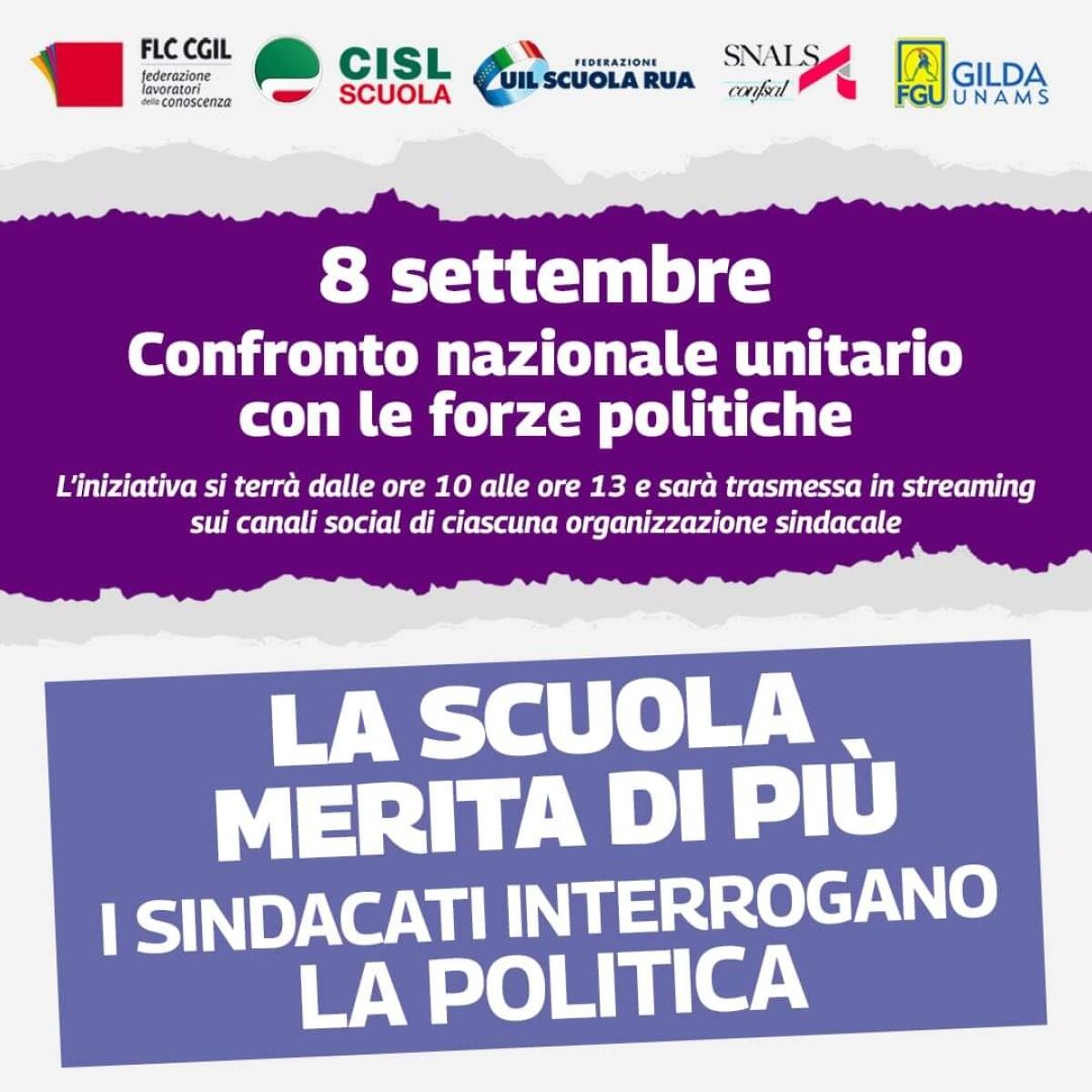 Sindacati e partiti politici a confronto sui temi dell’istruzione e della formazione il giorno 8 settembre  - 
