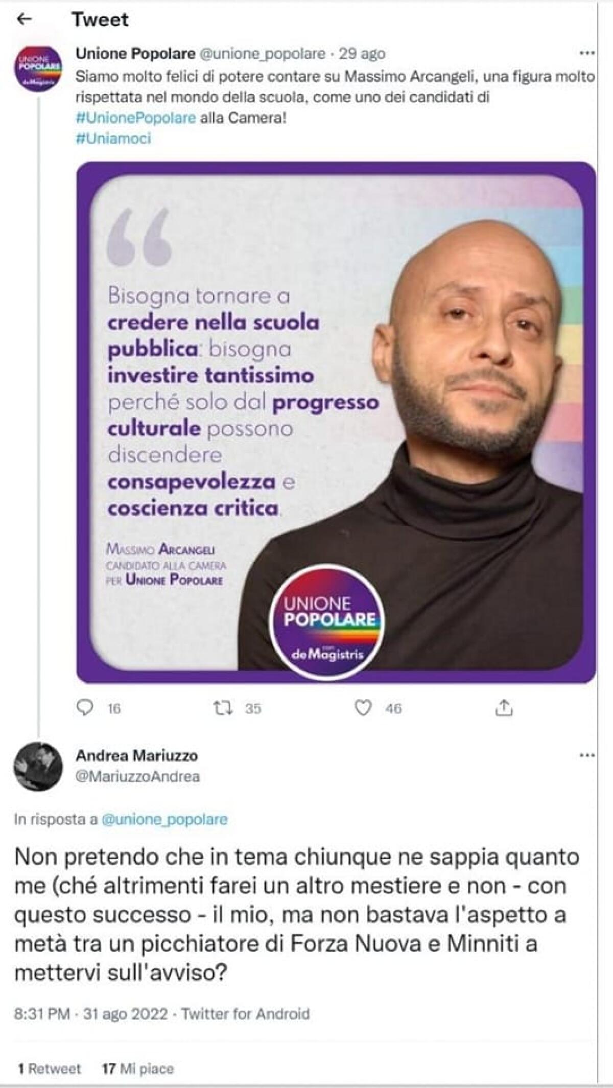 Massimo Arcangeli, candidato alle elezioni politiche per Unione Popolare, denuncia in un post su Facebook la violenza verbale subita sui social da parte di frange dell'estrema sinistra. Querelato un docente universitario - 