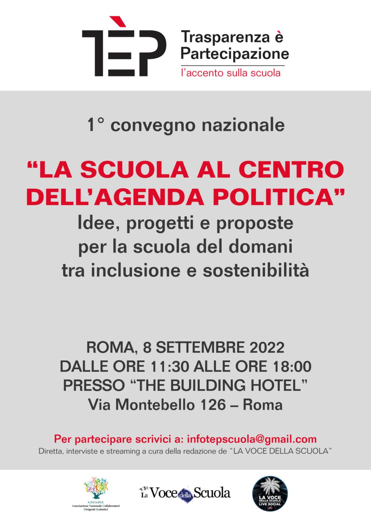 Roma 8 settembre, convegno organizzato dall'Associazione Scuola Trasparenza è Partecipazione:  “La scuola al centro dell’agenda politica” per discutere di  idee, progetti e proposte per la scuola del domani tra inclusione e sostenibilità" - 