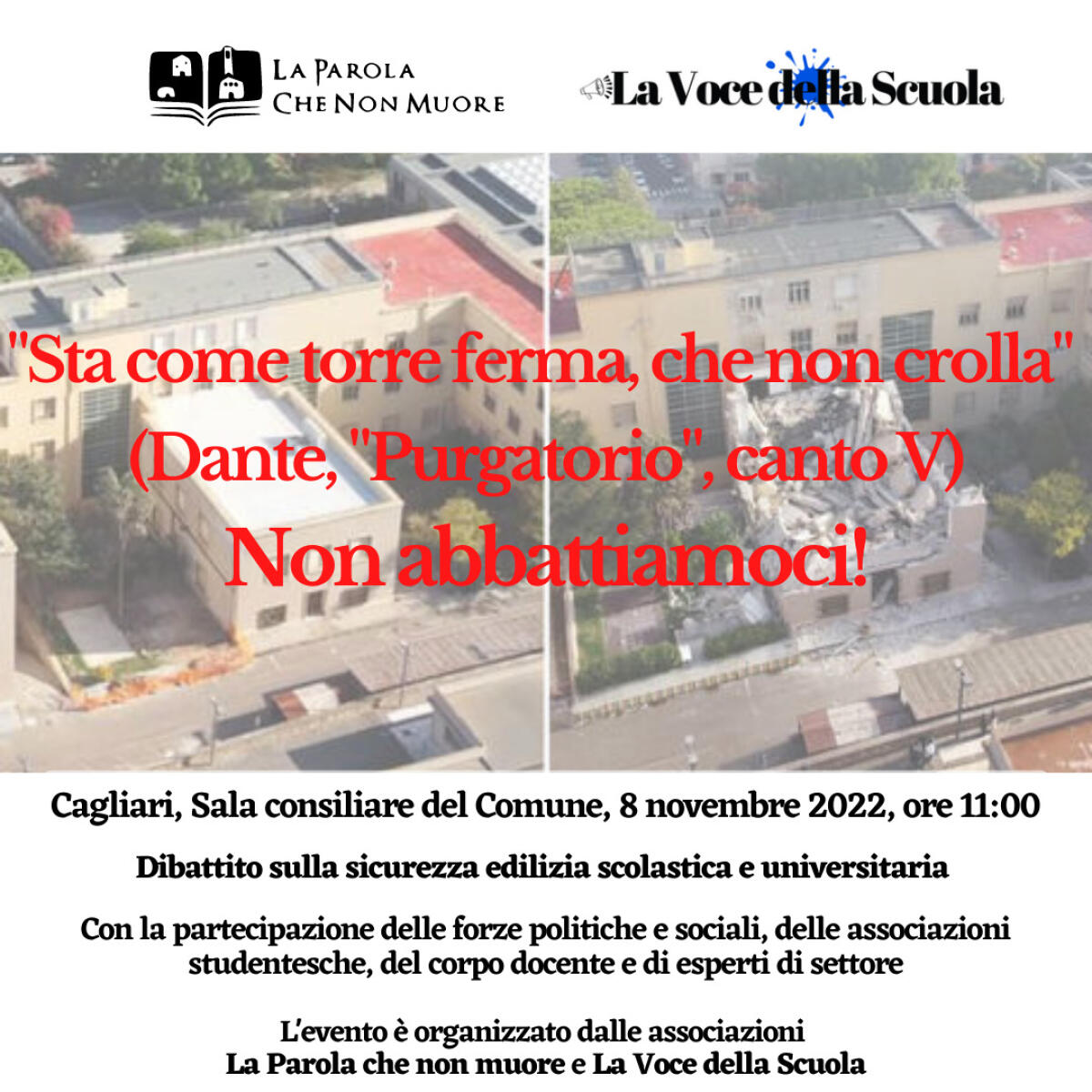 Non abbattiamoci! L'8 novembre 2022, presso la Sala consiliare del Comune di Cagliari, si discute del futuro in tema di sicurezza edilizia nazionale dopo i due crolli negli ambienti dell'Università - 