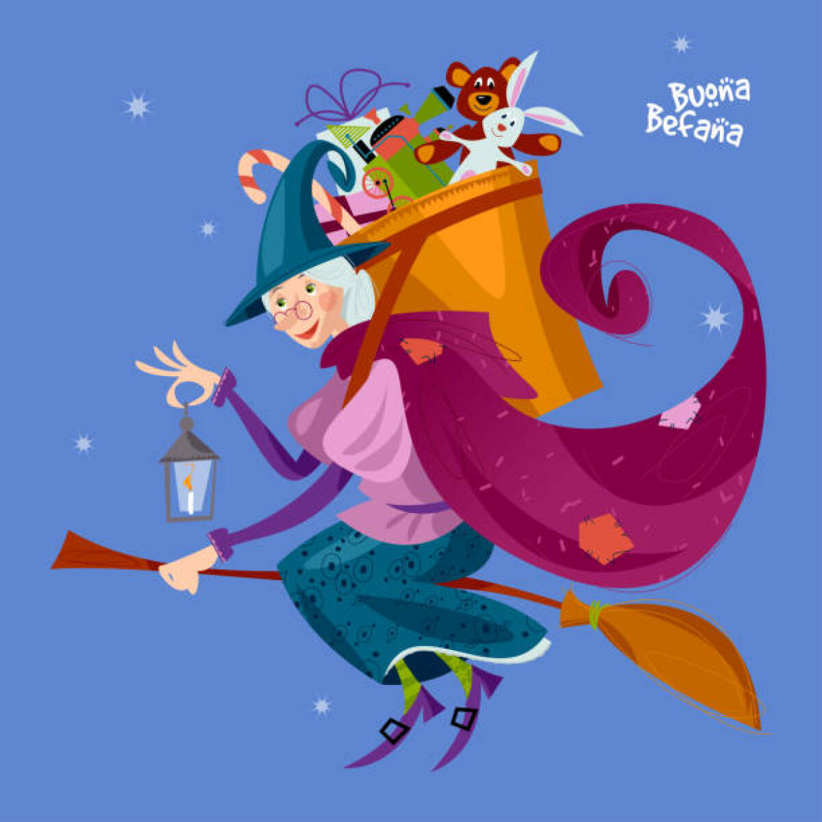 La Befana tra leggenda e tradizione: la vecchina attraversa la notte tra il 5 ed il 6 gennaio e chiude le festività - Befana. Old woman flying on a broomstick with a basket of gifts for children. Italian Christmas tradition. Vector illustration.