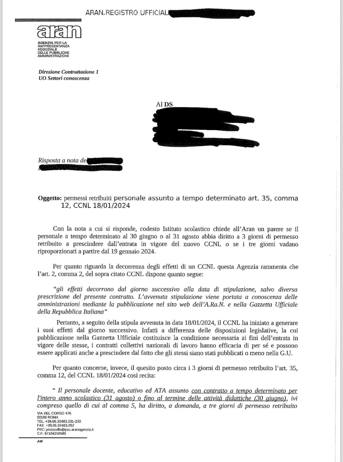 3 giorni di permessi retribuiti per il personale a tempo determinato: Ecco cosa dice l'Aran -