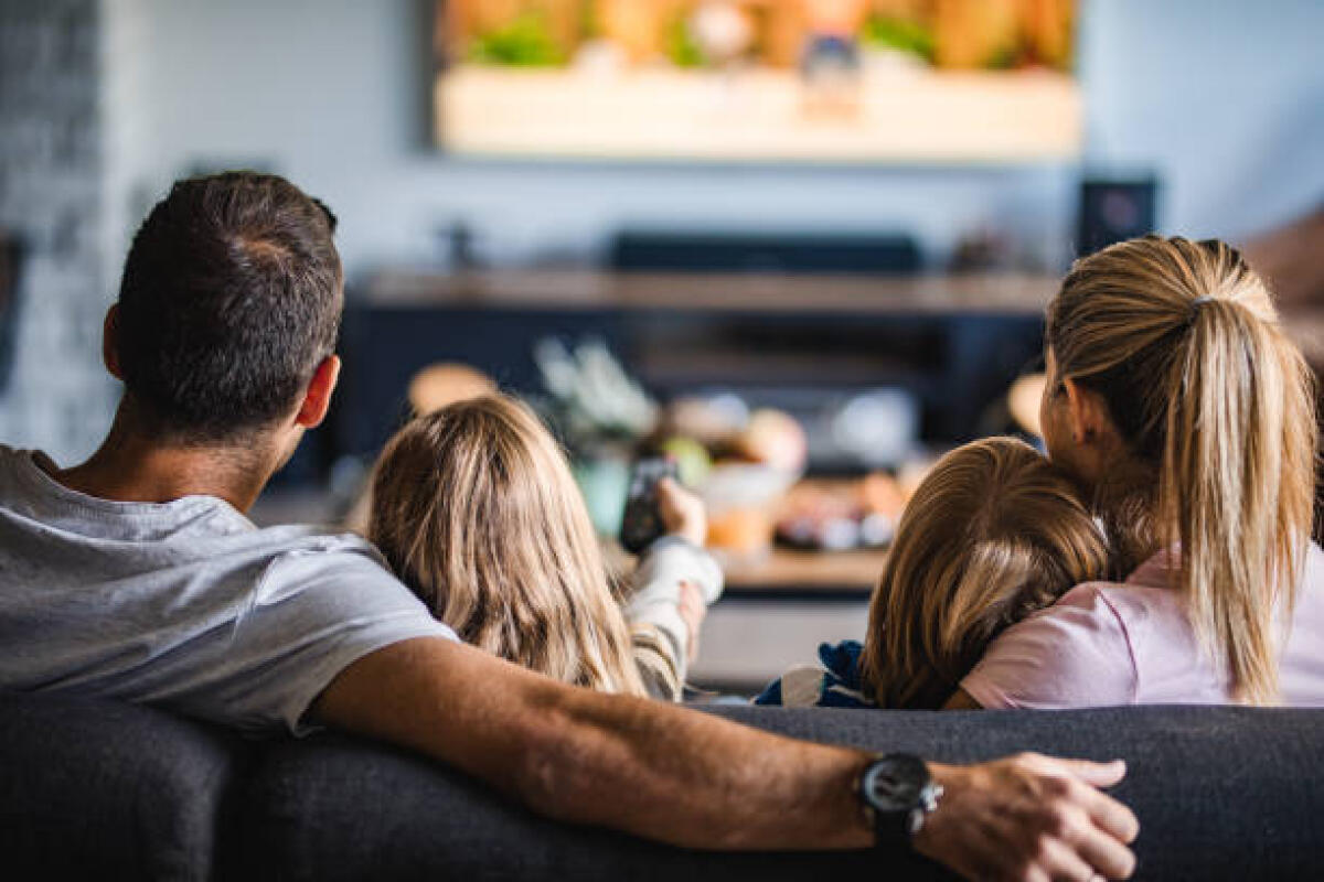 Programma annuale il Ministero dimentica i genitori - Back view of a relaxed family watching TV on sofa in the living room.