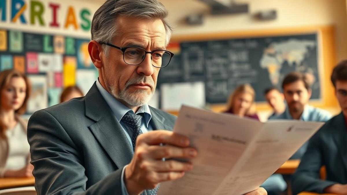 Maturità 2025: come diventare commissario esterno. Requisiti, scadenze e compensi - {"prompt":"Create a photorealistic depiction of a high school graduation exam committee meeting, set in a classroom bustling with academic energy. In the foreground, a distinguished teacher intently examines a freshly received exam paper, his brow fu