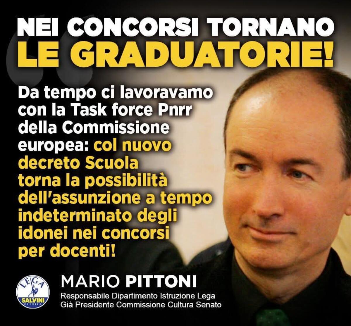 Idonei PNRR: Pittoni (Lega) tornano le graduatorie e siamo solo all' inizio -