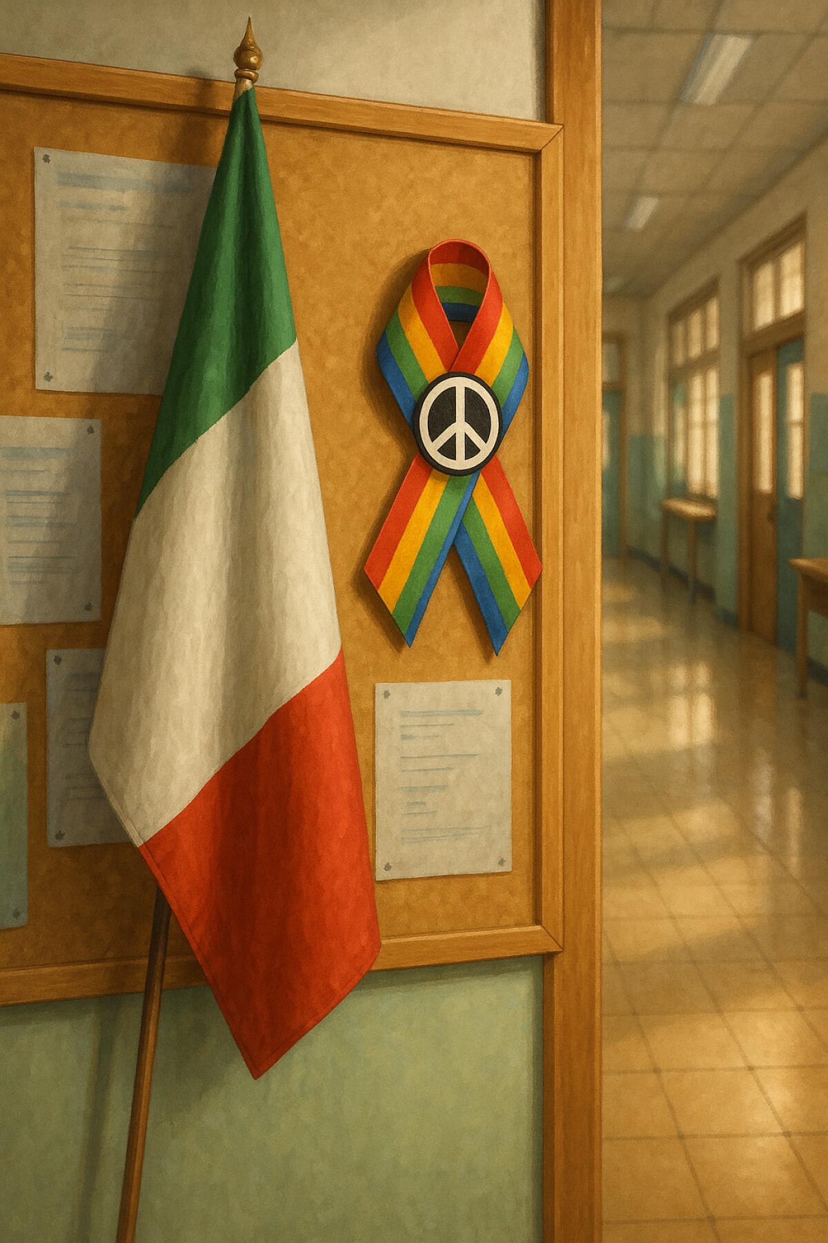 Pace a scuola: esponiamo un nastrino della pace accanto alla bandiera italiana nelle scuole italiane -