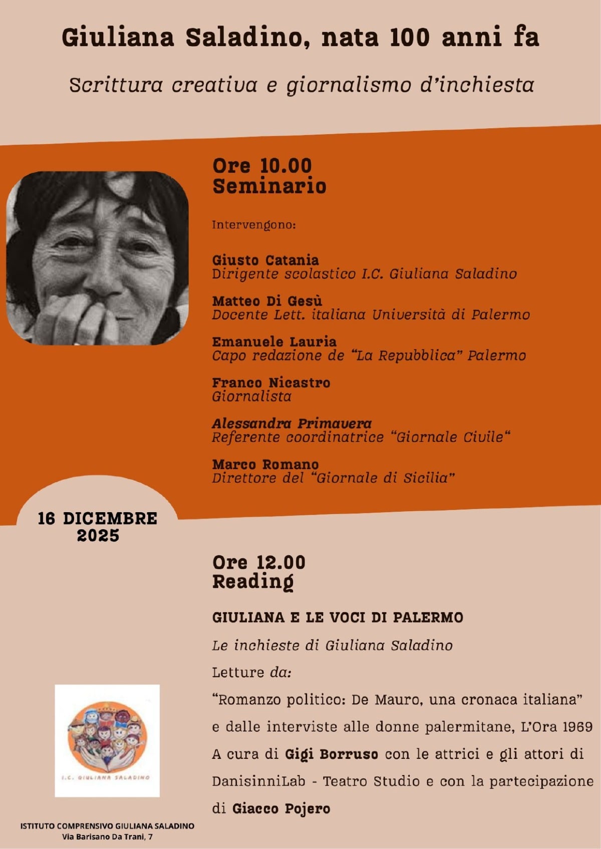 Cento anni di giuliana saladino, seminario e reading presso la scuola intestata alla giornalista palermitana – martedì 16 dicembre alle ore 10.00 - 