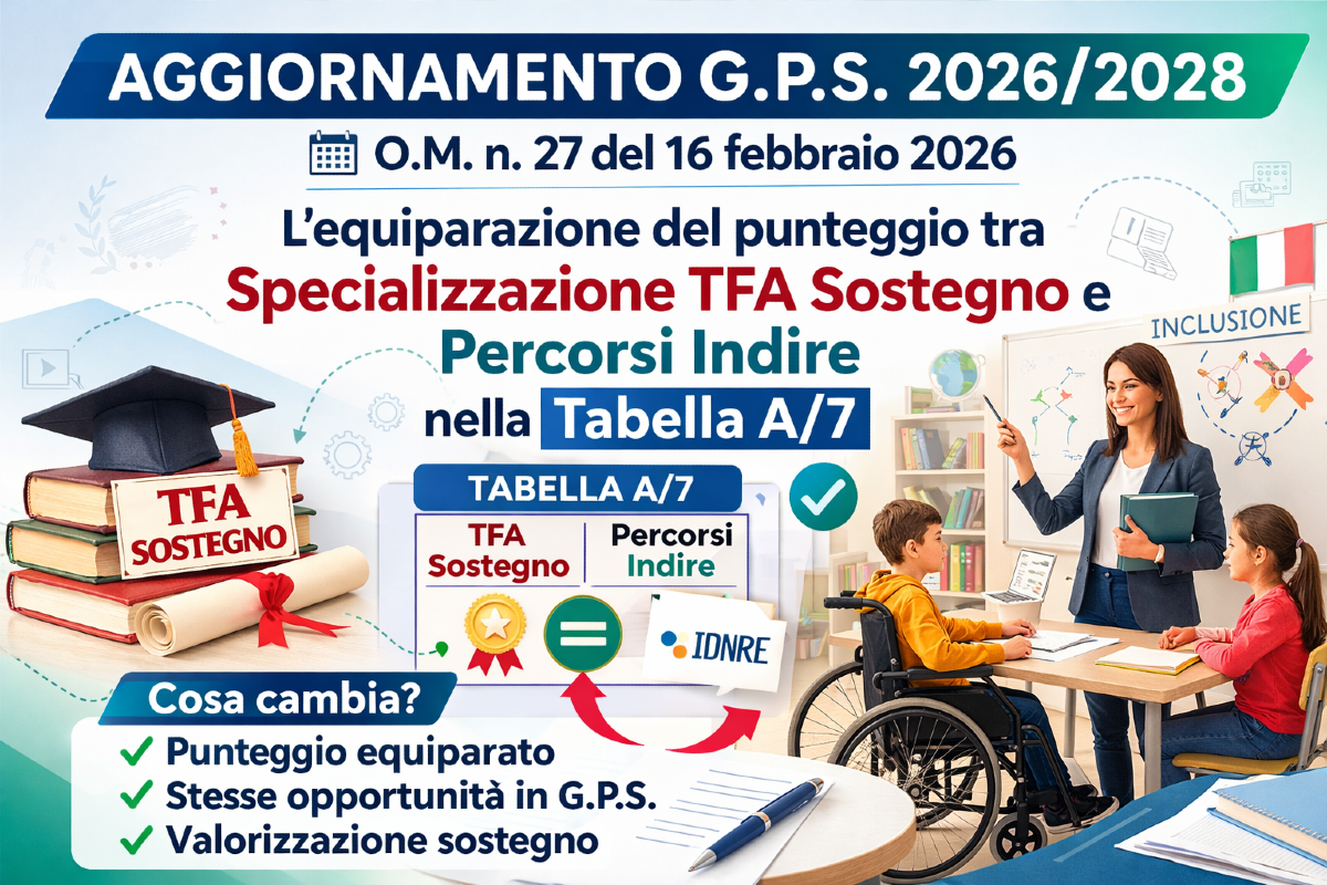 Aggiornamento G.P.S. 2026/2028 (O.M. n. 27 del 16 febbraio 2026): l’equiparazione del punteggio tra specializzazione TFA sostegno e percorsi Indire nella Tabella A/7 - 