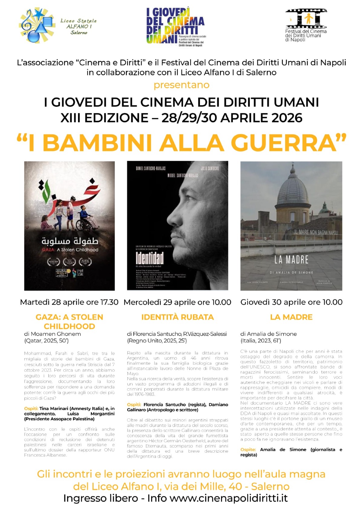Salerno, tornano «I Giovedì del Cinema dei Diritti Umani»: tre documentari sull'infanzia nei conflitti - 