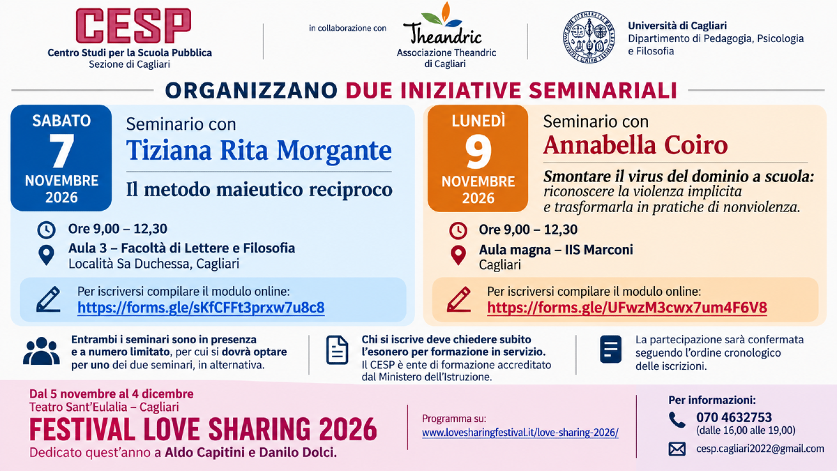 Cagliari, due seminari CESP su educazione e nonviolenza - 