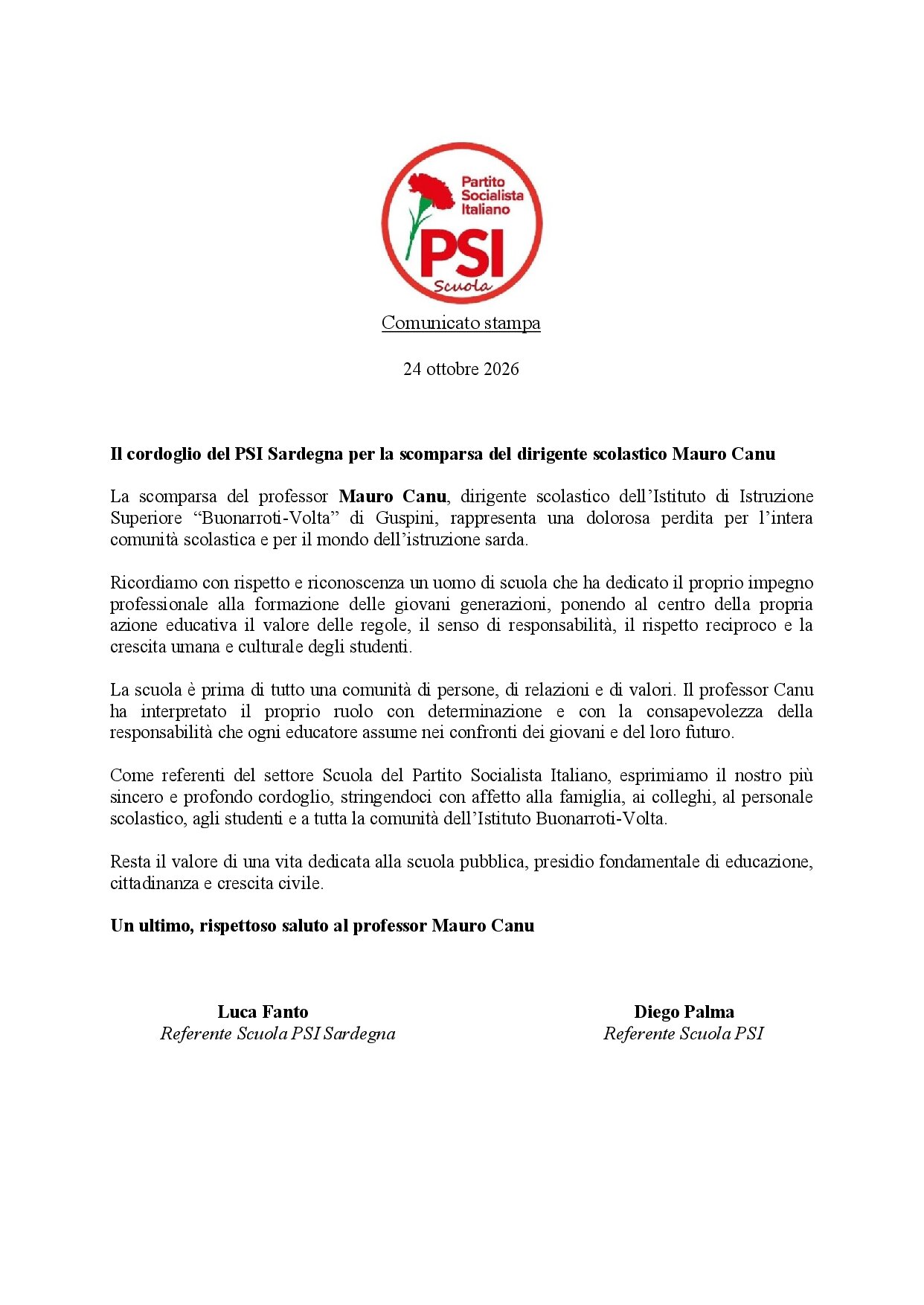 Addio a Mauro Canu, il cordoglio del PSI per il dirigente